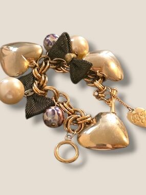 Betsey Johnson Gold Heart Charm Bracelet with Black Ribbon & Pearl Beads
